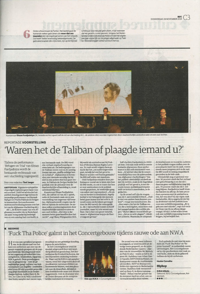 NRC artikel over Refugee on Trial voorstelling afghaanse journalist & Tolk in Pakhuis de Zwijger